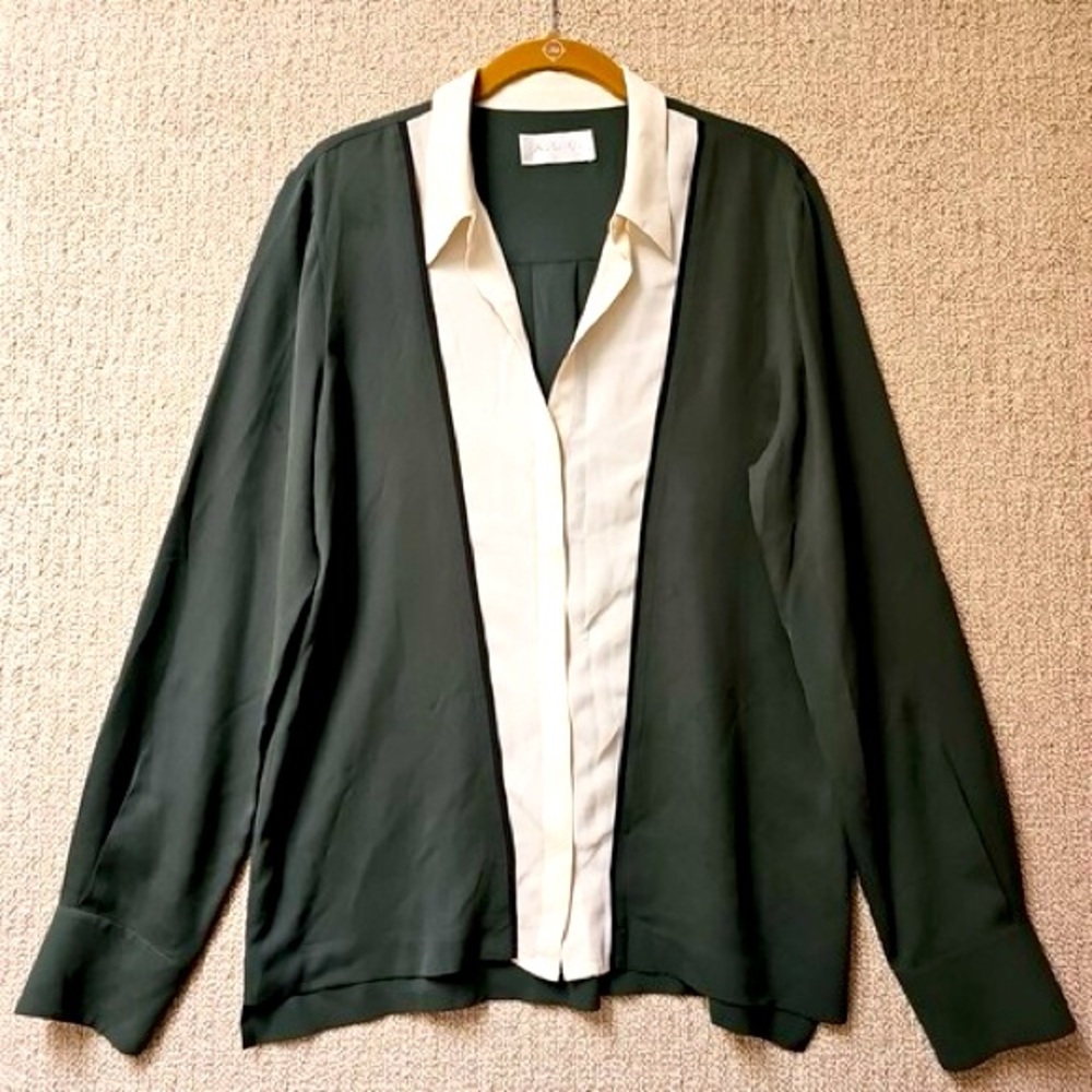 ALC Green & White 100% Silk Button Up Blouse - Size Large